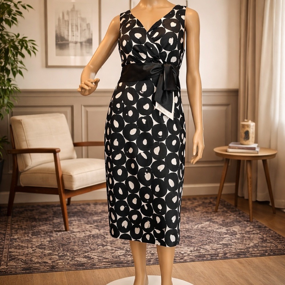 J Studio Womens Black White Abstract Circle Print Satin Bow Sheath Dress Size 10